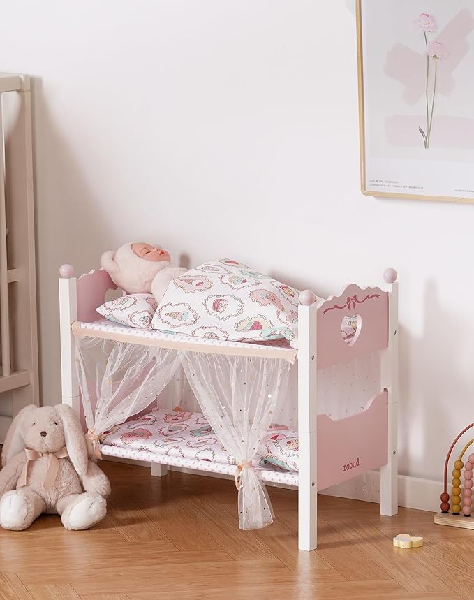 ROBUD Baby Doll Crib, Wooden Baby Doll Beds for 20 Inch Dolls, Baby Doll Bunk Beds with Gauze Curtain, American Girl Doll Bed for Gifts, WRP35