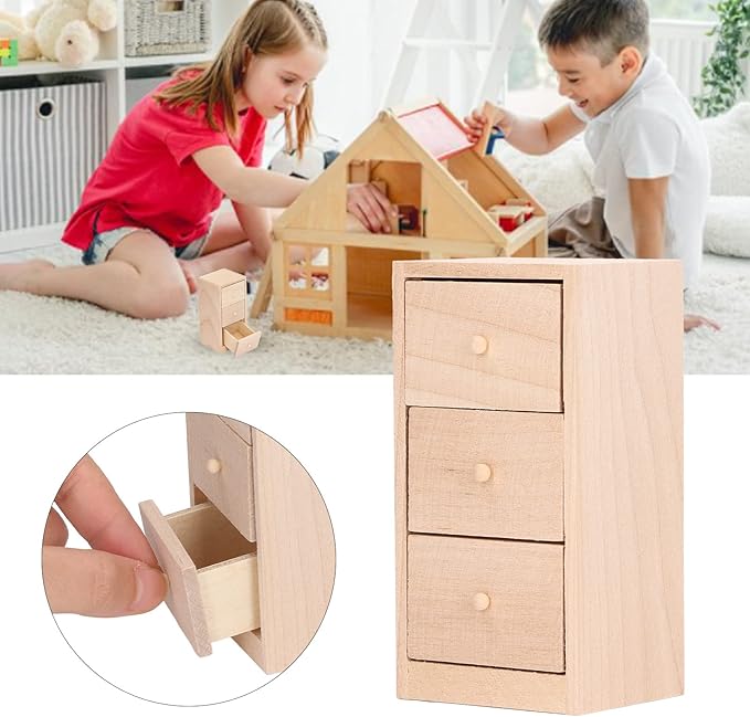 Mini Dollhouse Drawers, 1:12 Miniature Drawer Cabinet, 3 Layer Drawers Birch Wood Storage Cabinet Model, Wooden Doll House Furniture Decor Accessories for Bedroom, Living Room