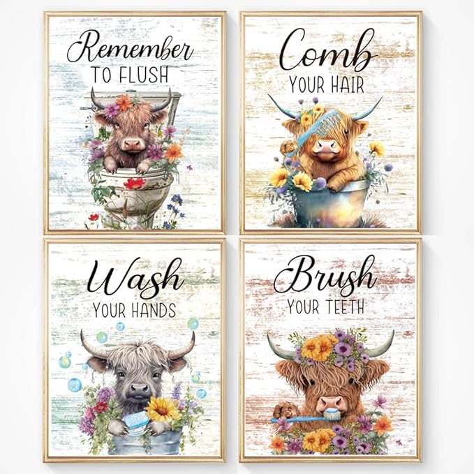 Funny Highland Cow Bathroom Rules Vintage Bathroom Wall Decor Set of 4(8"x10")Unframed, Wooden Rustic Bathroom Decor Wall Art Highland Cow Bathroom Signs Pictures Hanging Decorations for Farmhouse