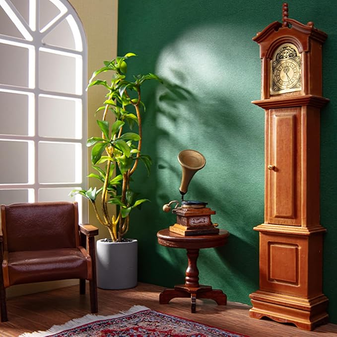 Minamzee 1:12 Dollhouse Furniture Accessories Set, 3Pcs Victorian Miniature Grandfather Clock, Vintage Phonograph, Round Side Table Mini House Decoration for Living Room, Bedroom, Kitchen,Home Office