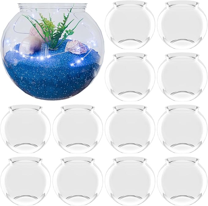 12 Set 30 oz Plastic Fish Bowl for Centerpieces Beach Sea Nautical Party Decorations, Plastic Fish Bowls with Blue Lights, Fake Sea Grass and Blue Sand(with Sand)