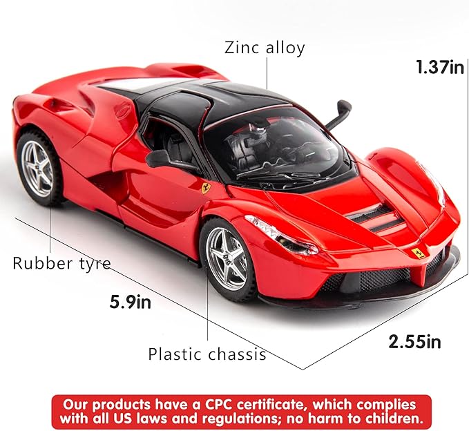 BDTCTK 1:32 Farrari Car Model Pull Back Car with Sound and Light for Kids Boy Girl, Metal Body Door Opened Red