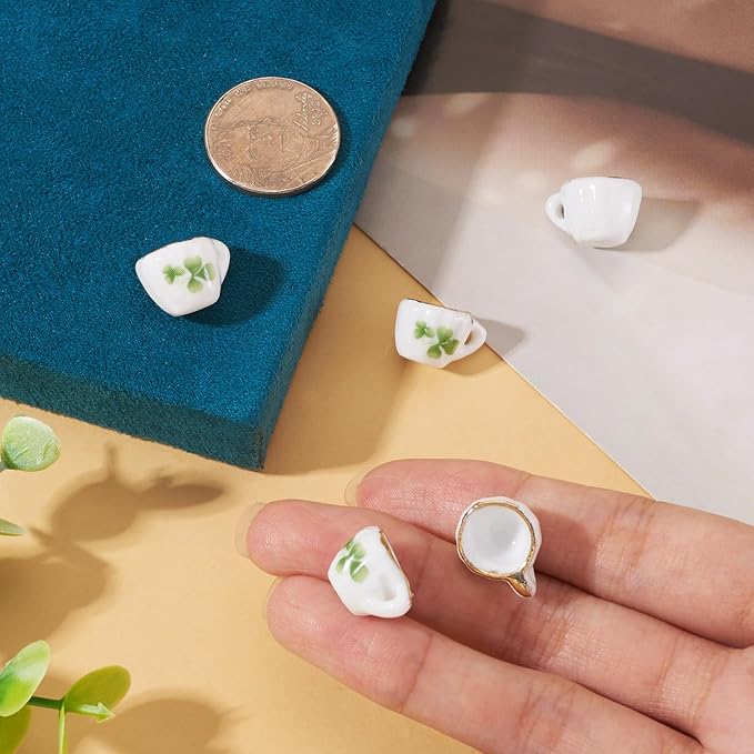 5Pcs Lucky Clover Mini Porcelain Tea Cup Decorations 3D Ceramic Tea Set Miniature Model Ornaments Dollhouse Micro Landscape Decoration Flower Garden Home Decor St. Patrick's Day 16x12x10mm