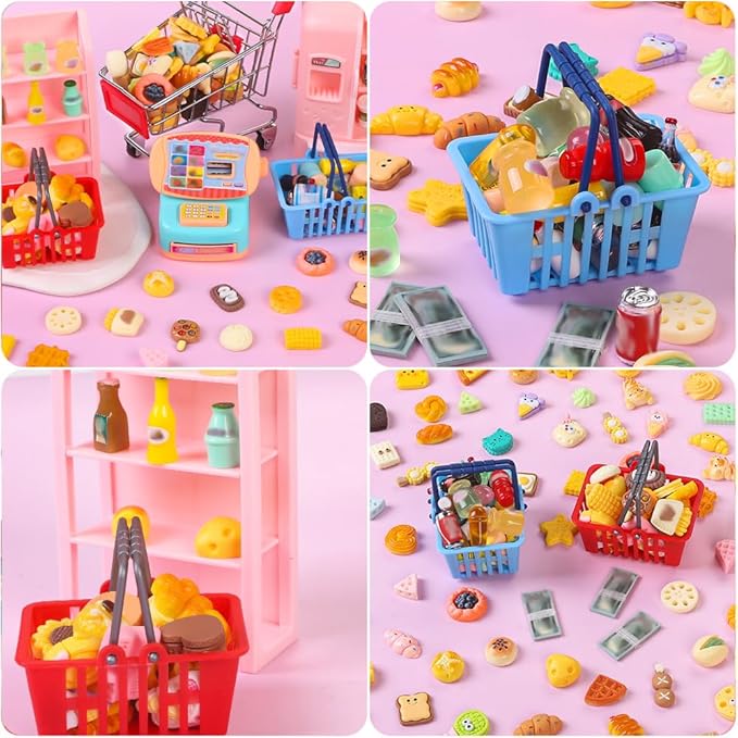 143pcs Mini Shopping Cart Basket Miniature Food Drink Bottle Toys, Supermarket Shelve Metal Handcart Cash Register for Dollhouse Store AccessoryPretend Play Cosplay Game Kids Party Favor
