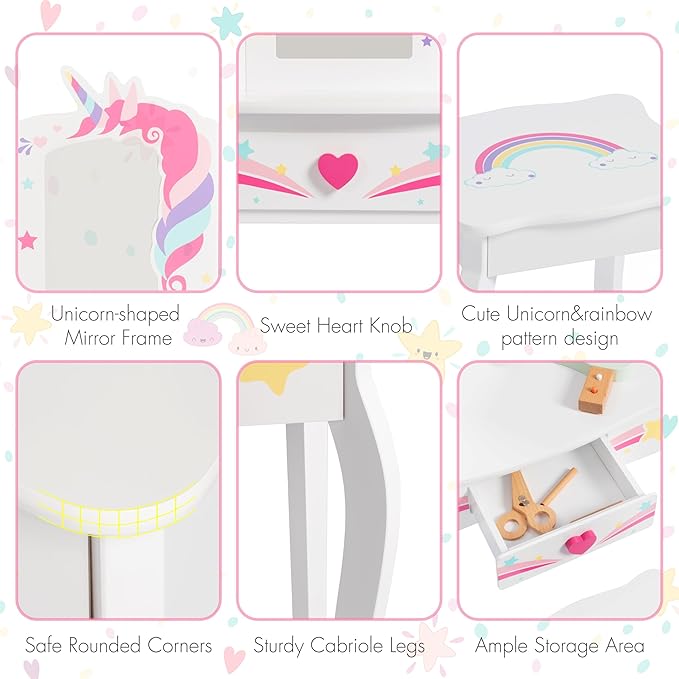 Spirich Kids Vanity, Girls Vanity Set with Mirror and Stool and Lights, Kids Vanity Table and Chair Set, Wooden Princess Makeup Desk Dressing Table