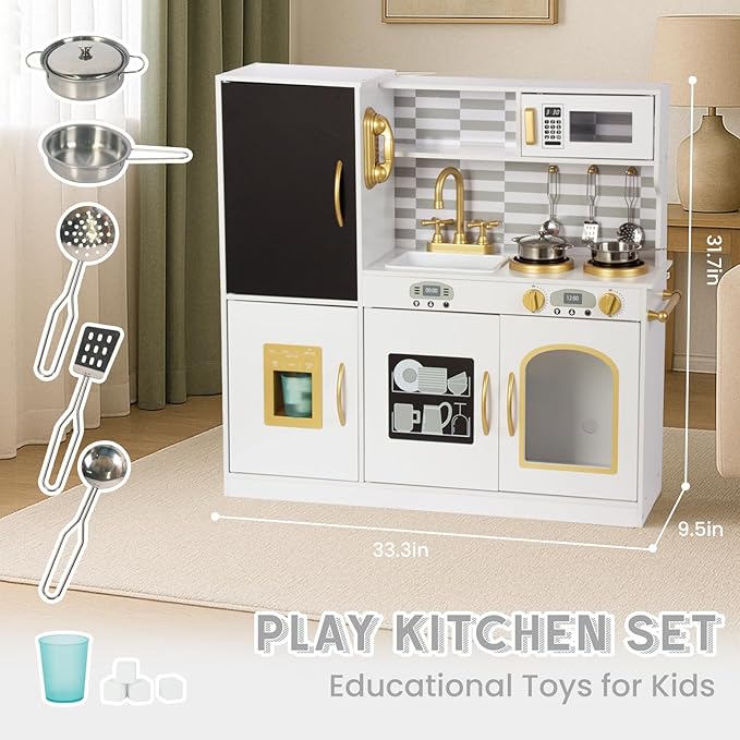 Kitchen Playset for Kids Ages 3-8, Wooden Kids Play Kitchen Chef Pretend Play Set for Toddlers, Toys Kitchen with Toy Food & Cookware Accessories