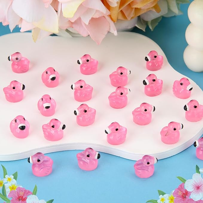 100 Pcs Luminous Mini Resin Flamingo Ducks, Tiny Ducks Figurines to Hide Miniature Pink Flamingo Glow in The Dark Small Animals for Micro Garden Cake Topper Landscape Aquarium Dollhouse Home Decor