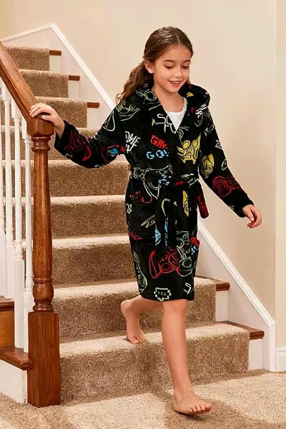 Boys Fleece Robe Hooded Toddler Soft Bathrobe Pajamas Sleepwear for Kids Girls 2-16 Years