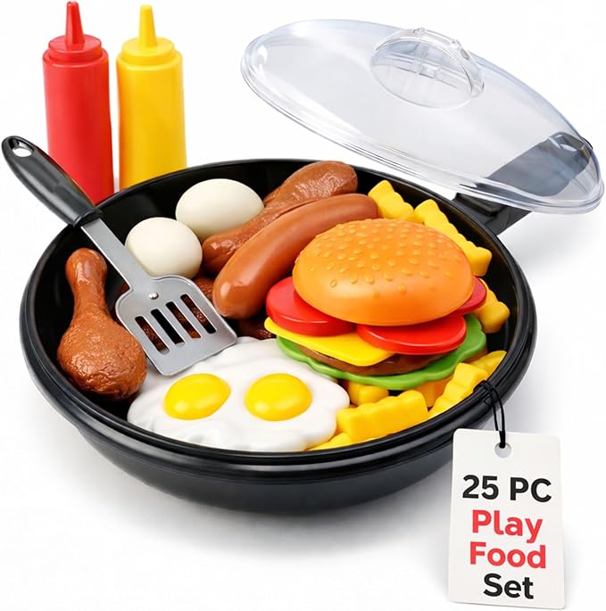 25 PCS Play Food Kids Toy Set with Frying Pan Skillet and Spatula - Kitchen Cooking Pretend Play Toy Grill Set for Toddlers Kids