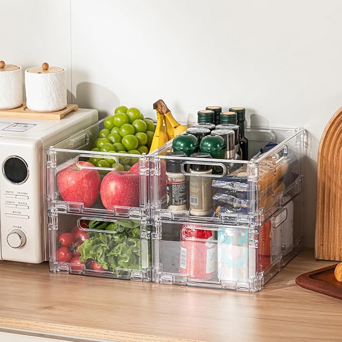 4-Pack Foldable Plastic Baskets, Stackable Storage Baskets with Handles for Organizing and Storage, Foldable Crate for Office, Home, Bedroom, Outdoor (12"x 8.07" x 4.92")