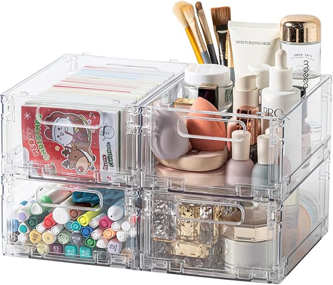 4-Pack Foldable Plastic Baskets, Stackable Storage Baskets with Handles for Organizing and Storage, Foldable Crate for Office, Home, Bedroom, Outdoor (8.07"x 6.1" x 3.74")