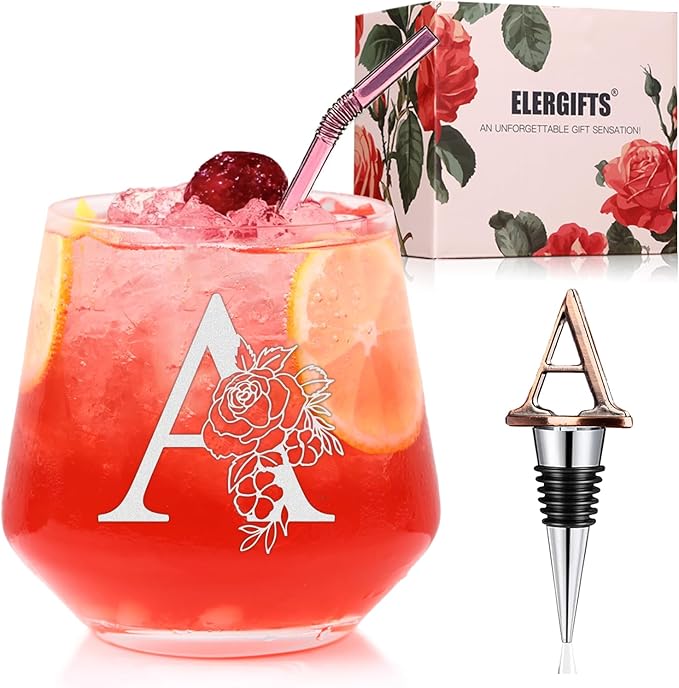 Personalized Gifts for Women, Monogrammed A-Z Wine Glass Customized Gift, Unique Wedding Birthday Gifts for Women Her Mom Friend Sister Wife Daughter Nurse - Dishwasher Safe (A)
