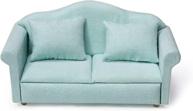 Dollhouse Couch Miniature Furniture Sofa with Pillows for Living Room Desktop Decoration Fabric Sofa Mini Home Scene Accessories Ornament (Double Sofa, Green)