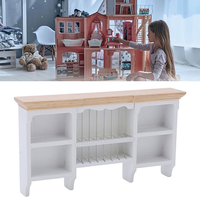 1/12 Miniatura Storage Cabinet Wall Mounted Hand Painted Dollhouse Cupboard Crafted Mini Shelf(White)