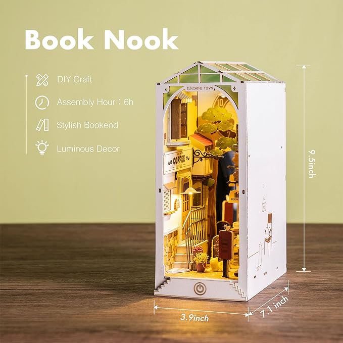 Rolife DIY Book Nook Kit Sunshine Town, DIY Miniature Booknook Kit Creative Decorative Bookend Bookshelf Insert 3D Puzzles for Adults, Halloween/Christmas Decorations/Gifts for Adults (Sunshine Town)