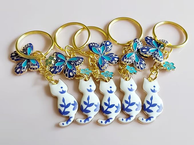 Agromusk Cute Cat Keychain, Enamel Flower Keyring Japanese Decor for Garden Cat Lovers, Kawaii Bag Charm With Sakura Flowers