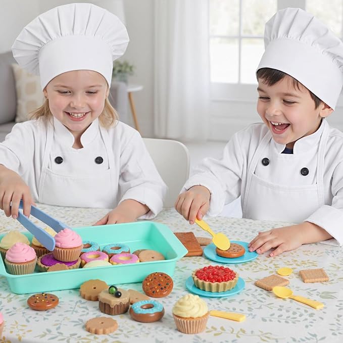 LOVESTOWN Pretend Play Desserts Toy Set - 29 PCS Kids Desserts Fake Food for Tea Party & Birthday Gift