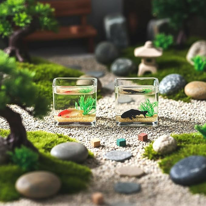2 Pcs Miniature Fish Tank, Dollhoue Accessories Fish Bowls Resin Goldfish Gras Fish Figurine for Garden Scene Decor, Dollhouse Miniature DIY Craft, Aquarium Fish Ornament