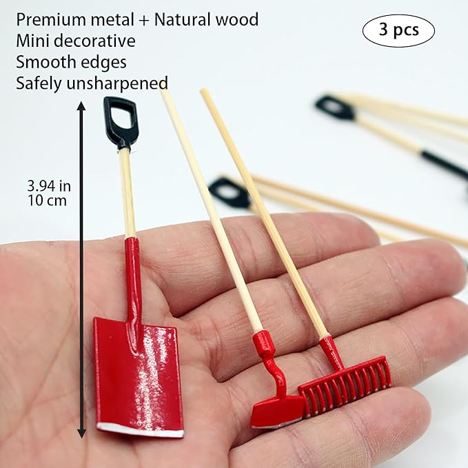 3-Piece Set Miniature Garden Tools, 1:12 Mini Shovels and Rake Farm Tools, Fairy Garden Dollhouse Accessories Furniture Toy Sets (Red, 3.2 Inches)