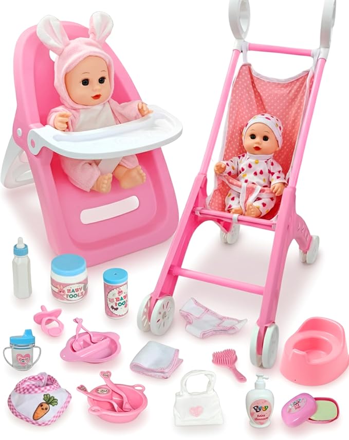 PLAYFULBAY Baby Doll Stroller Set, 28-Piece Playset with High Chair, 2 Doll Outfits & Accessories, Imaginative Role-Play Gift for Toddlers 1-5