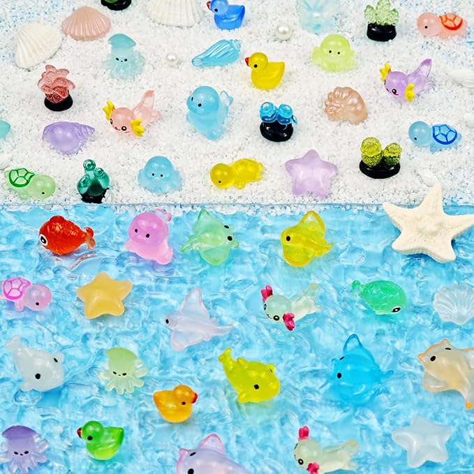 120 Pcs Luminous Mini Ocean Resin Animals Glow in The Dark Tiny Sea Animal Figures Marine Miniature Figurines for Crafts Micro Landscape Fairy Garden Aquarium Decoration
