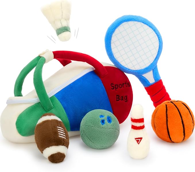 Muiteiur Sports Bag Stuffed Plush Playset, 7 in 1 Stuffed Bag with Zipper, Baby Gift Toys for Kids Girls Boys Fans