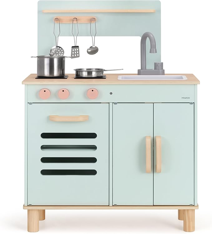 Pillowhale Wooden Play Kitchen Set, Mint Green Stove & Sink with 5 Stainless Steel Tools, Click Knobs, Storage Cabinets, Montessori Toy for Toddlers 3+