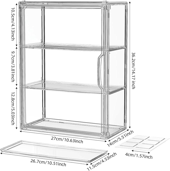 Clear 3 Tiers Acrylic Display Case for Figures Collectibles 1 Pack Wall Mounted Hobby Figurine Display Case with Shelves, Display Shelf Storage Box for Action Figures, Car Model
