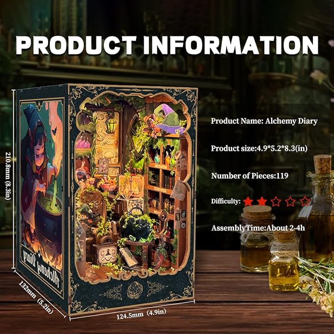 DIY Book Nook Kit for Adults and Teens 3D Wooden Puzzle Miniature Tiny House Dollhouse Kit Bookshelf Booknook Bookcase Model Build Gift Kit Decor with LED Light-Alchemy Diary(SQ-43)