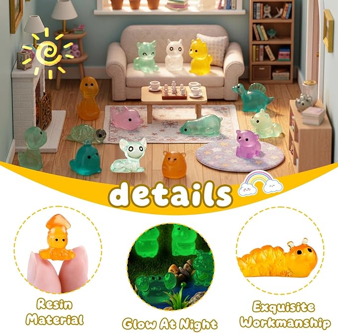 120pcs Multicolor Mini Resin Animals Luminous Tiny Ducks Figures for Micro Fairy Garden Accessories Micro Landscape Ornaments DIY Mini Outdoor Decor Dinosaur Rabbit Flamingo Owls Ocean Creature