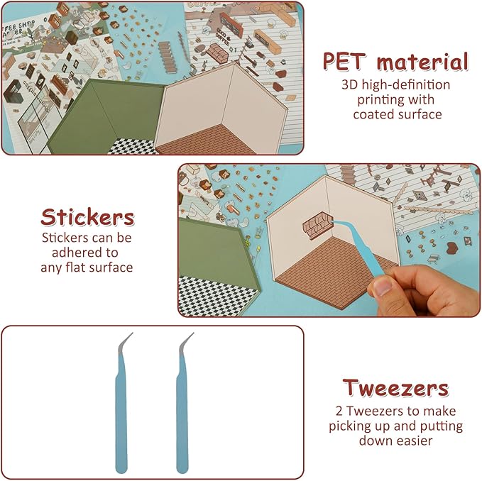DIY 3D House Stickers, Cartoon 3D Miniature Scene Stickers for Adults Kids to Make Your Own Mini Room Scenes (Set 1)
