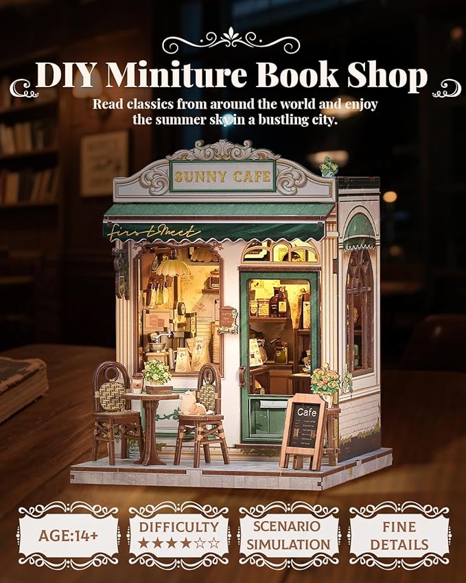 CUTEBEE Book Nook Kit - DIY Miniature House Dollhouse Kit for Adult and Teens, Booknook Bookshelf Decor Alley Model Build with LED Light, Gifts for Family and Friends (Sunny Cafe)