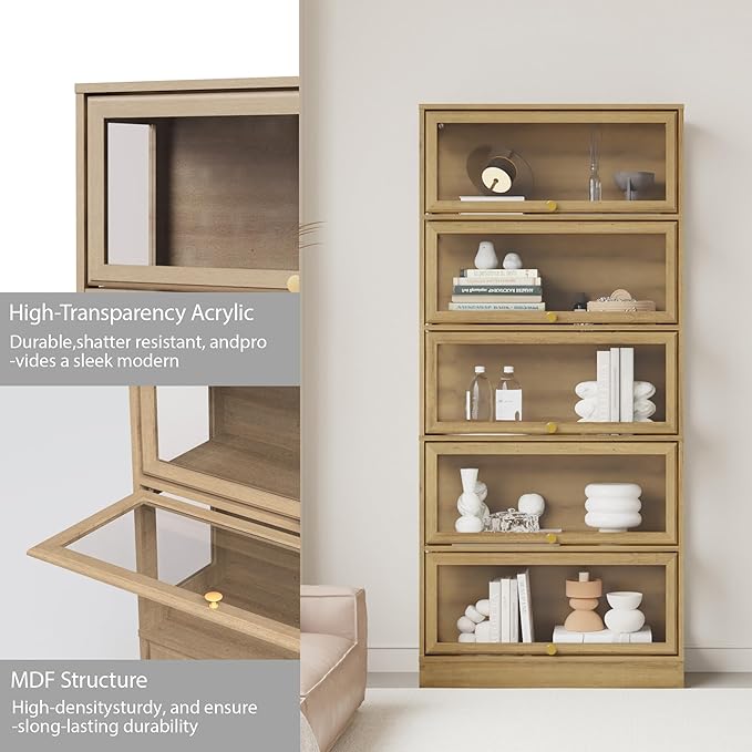 Display Cabinet with Acrylic Glass Doors,5-Tiers Curio Cabinet with LED Lighting for Collectibles, Collectibles Toy Organizers Rack & Display Shelf Display Case Storage Cabinet, Nature