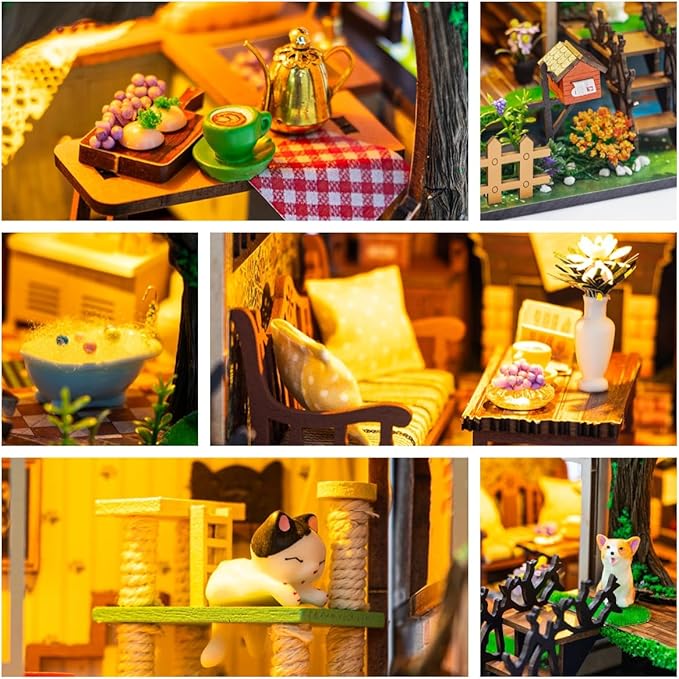 Yuzhen DIY Miniature Dollhouse with Furniture and LED Lights, Wooden Dollhouse Includes Dustcover and Music Movement, Delicate Home Decor