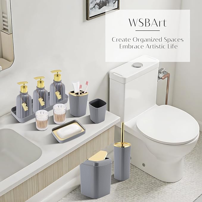 WSBArt 17PCS Bathroom Accessory Set Bathroom Set Grey Bathroom Accessories,Toilet Brush,Trash Can, Qtip Holder Dispenser& 3PCS Soap Dispenser