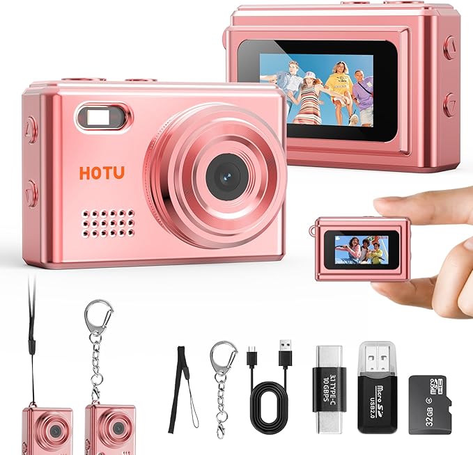 HOTU Mini Keychain Camera, Y2K Portable Mini Digital Camera, 2MP 1080P Video Recording Small Camera with 32GB Card for Kids, Long Battery Life for Travel, Vlog, Rose Gold
