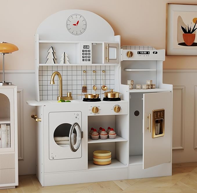 JOYDIAS Kids Play Kitchen Set, Pretend Wooden Kid Kitchen Playset Toy Kitchen w/Sound and Light, Oven, Washing Machine, Toy Coffee Station and Toddler Kitchen Accessories for Kids Age 3+