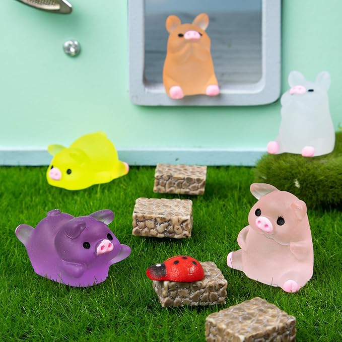 48 Pcs Luminous Mini Resin Pigs Tiny Animals Miniature Pig Figures Glow in The Dark for DIY Garden Dollhouse Pig Figurines Accessories Micro Landscape Aquarium Party Decor
