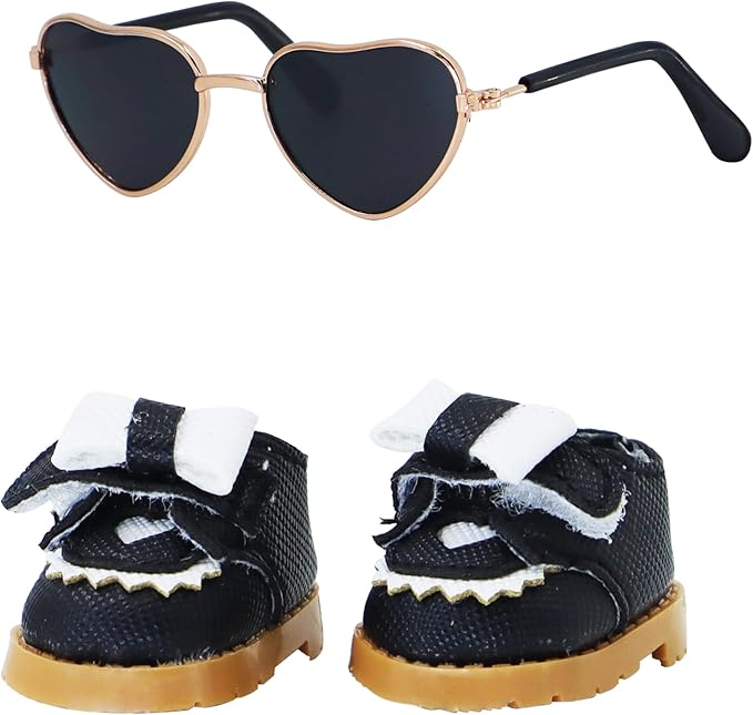 Suitable for 17cm Doll Clothing Accessories Set, Mini Fashionable Small Leather Shoes with Bow Tie and Glasses Two-Piece Set (Black2)