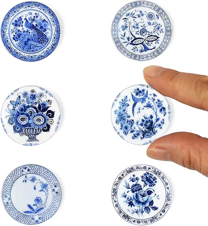 6PCS Handcrafted Miniature Ceramic Plates in 1:12 or 1:6 Scale, Vintage Porcelain Playhouse Dishes (Blue-White A, 3CM)