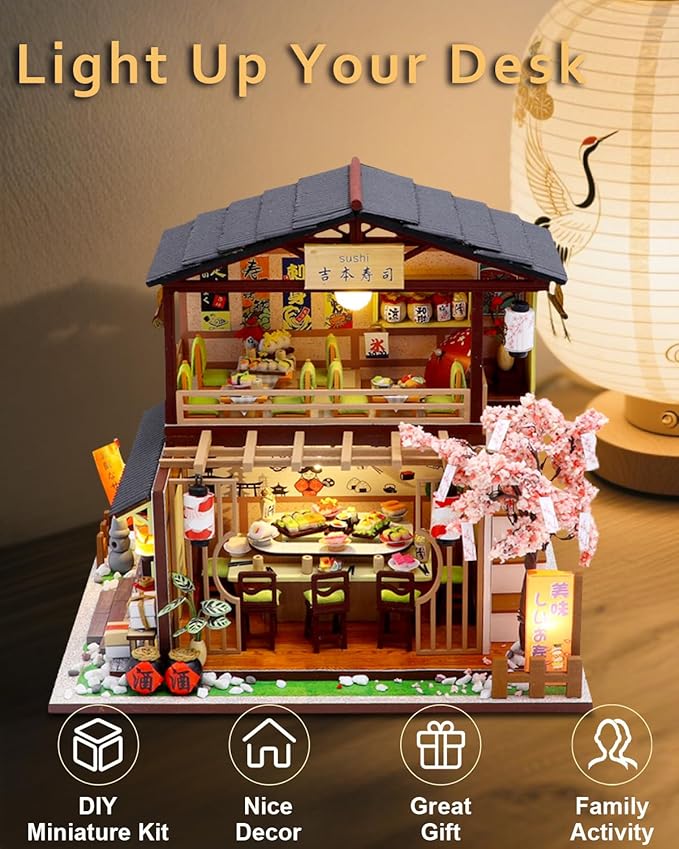 OurMiao Miniature House Kit – Gibbon Sushi, DIY Wooden Dollhouse for Adults with LED & Furniture, Tiny House Craft Gift for Teens Families Friends