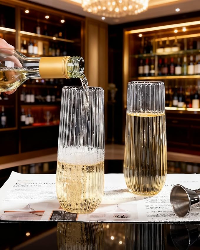 Ciaell 48PCS Plastic Ribbed Champagne Flutes - 9oz Clear Plastic Champagne Glasses - BPA-Free Disposable Shatterproof Toasting Glasses for Weddings, Party, Catering