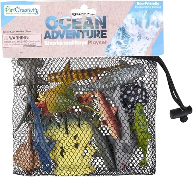 ArtCreativity Sharks & Rays in Mesh Bag, Pack of 12 Sea Creature Figurines in Assorted Designs, Bath Water Toys for Kids, Ocean Life Party Décor, Party Favors for Boys and Girls