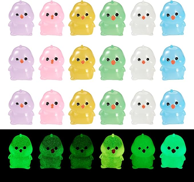 Beadthoven 24pcs Luminous Mini Resin Glow in The Dark Chick Animals Dollhouse Figurines Assorted Colorful Cute Cabochons Small Glowing Figure DIY Charms Garden Craft Landscape Ornaments