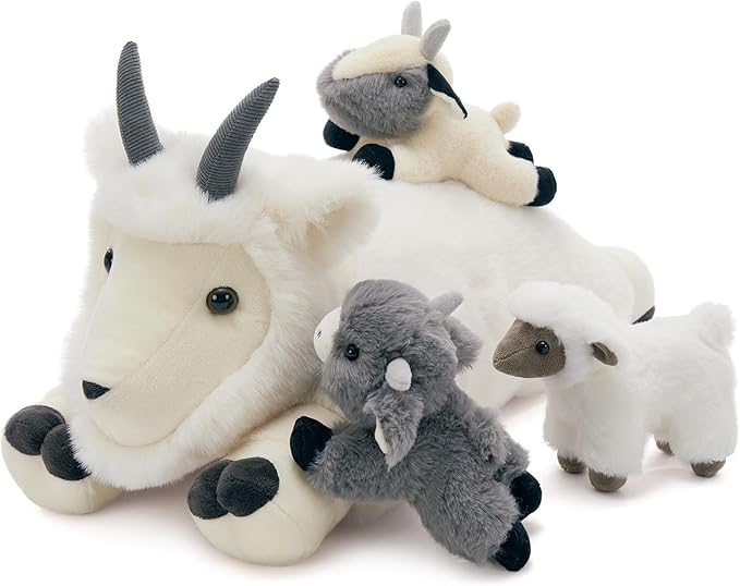 4Pcs Giant Goat Plush Toy, 17.7" Soft Mother Goat Stuffed Animal with 3 Cute Baby Goat Plushies, White Goat Body Pillow for Kids, Cuddly Stuffed Farm Aniaml Toy Gift for Christmas Birthday