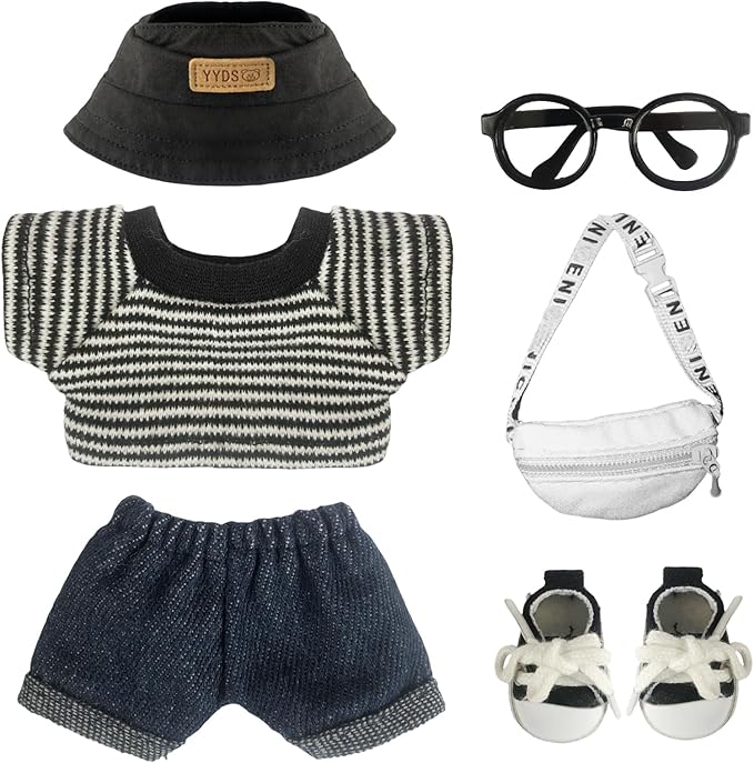 Clothes for 6.7in/17cm Dolls (Without Dolls) Sets and Accessories,6PCS (hat + Glasses + t-Shirt + Jeans + Chest Bag + Shoes), Collectors and As Gifts. (Black and White Stripes)