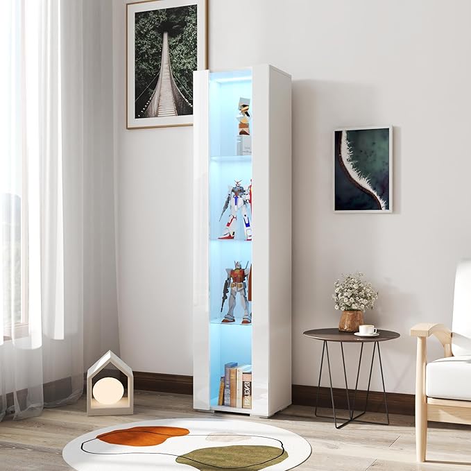 Pvillez 67" LED Display Cabinet with 4 Glass Shelves & 1 Door, Modern Curio Cabinet Collection Display Case Storage Cabinet, High Gloss Floor Standing Bookshelf for Living Room Bedroom Office (White)