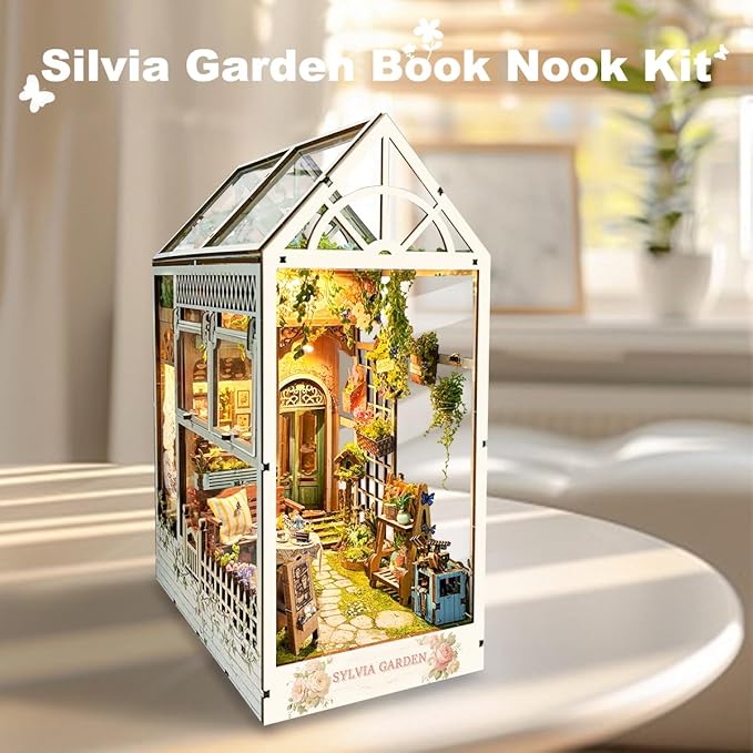 DIY Dollhouse Kit for Adults 2D Stereo Assembly Night Light Sensing Wooden Bookend Jigsaw Building Model (Sylvia Garden)