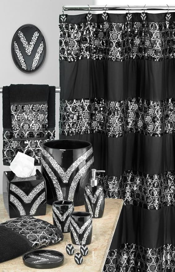 Zahari Home 4pc Sinatra Stylish Bathroom Accessories Set Black Soap Dispenser/Lotion Pump, Tumbler, Tooth Brush Holder and Soap Dish Modern Luxury Decor Bling Mosaic Glass Black Bathroom Accessories