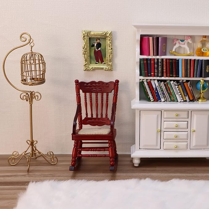 Dollhouse Chairs 2PCS Miniature Rocking Chair 1:12 Scale Wooden FurnitureAccessories Tiny Mini House Home Outdoor Cake Topper Decoration ModelLiving Room Scene Christmas Craft Displays (Red)